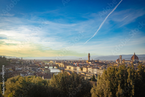 Beautiful cityscape skyline of Firenze (Florence), Italy, with the bridges over the river Arno. High quality photo