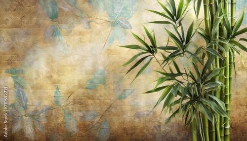 tropical plants with bamboo leaves on a textured rubbed background by kayami photo wallpaper in the interior