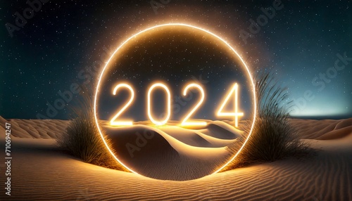 glowing neon numbers in a circle with sand dunes on a dark background new year 2024 concept 