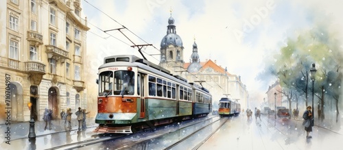 Illustration watercolor sketch of a old tram moving on city street. Generate AI image