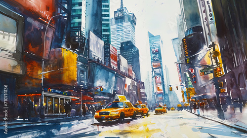Emotional watercolor, depicting a noisy and energetic urban landscape with high buildings and brig
