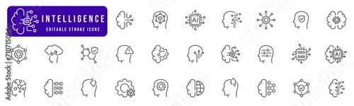 Intelligence related line icon set. Machine learning collection. Mind, ai, brain, network, smart icons. Editable stroke