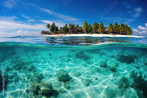 Tropical island with white sandy beach above turquoise water and coral reef
