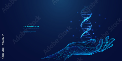Abstract hologram of DNA helix in a hand on a blue background. Digital hand-holding double helix in futuristic light monochrome low poly wireframe style. Medical, science concept. Vector illustration.