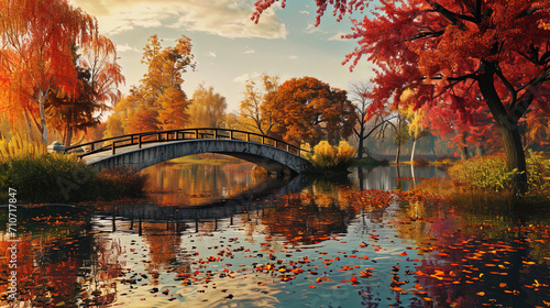 The autumn bridge over the lake, where water reflects colorful shades of foliage