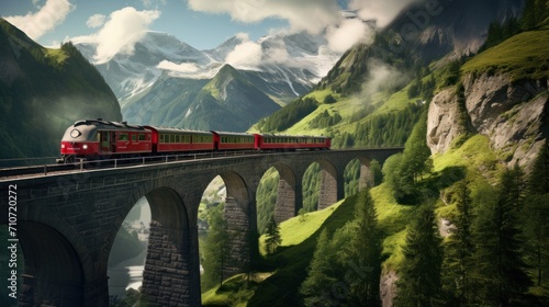 a red train traveling over a bridge over a lush green mountain filled with trees and a mountain range in the background.