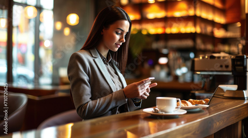 Young woman in a business suit using a smartphone at a cafe table with a laptop