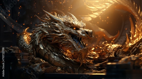 Golden chinese dragon guarding the treasure, Fantasy dragon illustration, Chinese new year concept, Year of the Dragon