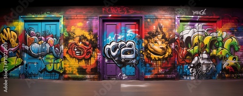 graffiti wall abstract background with abstract monster face and grungy script letters, Generative Ai not real photo, idea for artistic pop art background backdrop 