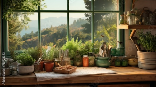 a wooden table topped with pots and pans filled with plants next to a window filled with lots of greenery.