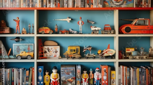  a bookshelf filled with lots of toy figurines on top of a blue book case filled with books.