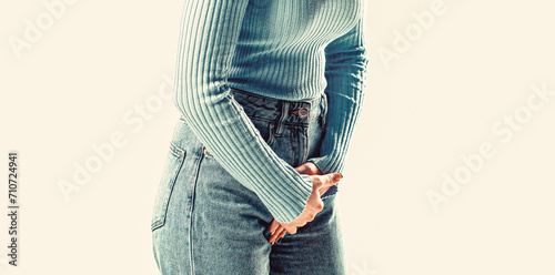 Closeup woman hands holding her crotch. Woman hands holding her crotch. Sick woman hands holding pressing her crotch lower abdomen