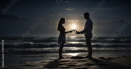 The silhouettes of a couple on a moonlit beach. One person is holding a ring box, presenting it to the other in a tender proposal moment, against the backdrop of the moon and gentle waves - Generative