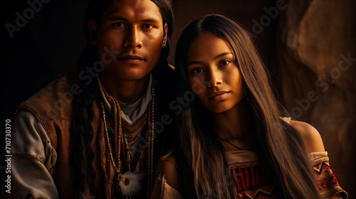 Portrait of a young couple in native american clothing looking at camera