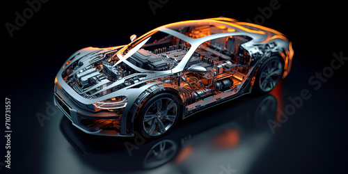 Automotive parts and design scheme of new car. Postproducted generative AI illustration. 