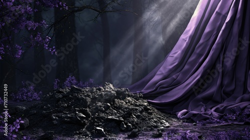 Smoldering Ash Pile with Purple Cloth for Ash Wednesday. Artistic rendering of a smoldering ash pile, symbolic for Ash Wednesday, with a purple cloth draped in the background