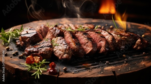  a close up of a steak on a cutting board with a fire in the backgroud and smoke coming out of it.