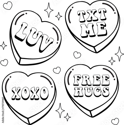 Candy hearts retro, colouring page valentine, love luv, text txt, free hugs, xoxo vector