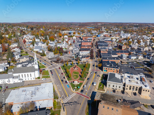 First Congregational Church aerial view in fall at Draper Memorial Park at 4 Congress Street in historic town center of Milford, Massachusetts MA, USA. 
