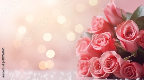 Pink Rose flowers on bokeh light glitter background for love wedding and valentines day with copy space. love romance background, Surprise Valentine Day
