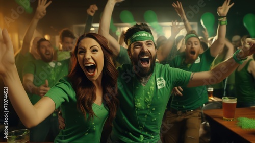 Group funky funny company raise beverage wear specs irish culture green costumes tradition caps dancing drunk messy scream shout national song singing couples best friends flirt lovers love pairs