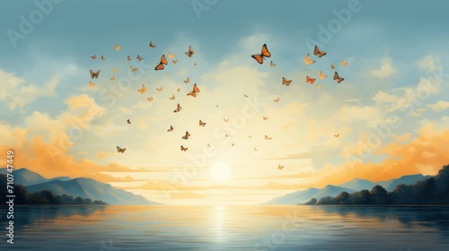  a painting of a sunset with a lot of butterflies flying in the sky over a body of water with mountains in the background.