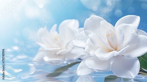 White gardenia blossom on isolated magical bokeh background with copy space for text placement