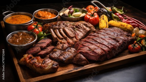  a platter of meat, vegetables, and condiments sits on a wooden cutting board on a table.