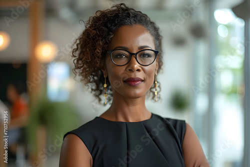 A stylish middle-aged African-American woman in glasses and a black dress poses in an office, looking at colleagues and smiling.