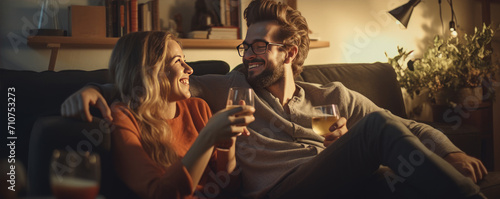 Happy young couple sitting on a sofa and drinking wine, enjoying their time together. A couple in love