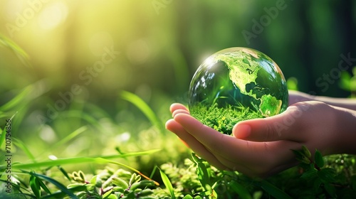 water drop globe in human Hands against Forest background. copy space for text. Ecology concept, Environmental protection, climate change