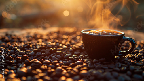 coffee beans and a cup of coffee. Selective focus.