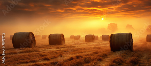 Rural farm background with hay bales at sunset. Rustic countryside view with a stunning sunset above a vast field of rolled straw