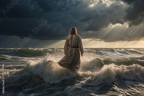 A young man in the likeness of Jesus Christ walks on the sea against the sun and sky