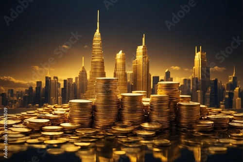 Coin stacks in the form of skyscrapers in a modern city, concept of financial prosperity and stable growth