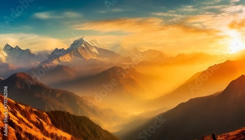 painting of panoramic view of great himalayan range at sunset with the mountains glowing in the warm light of the setting sun