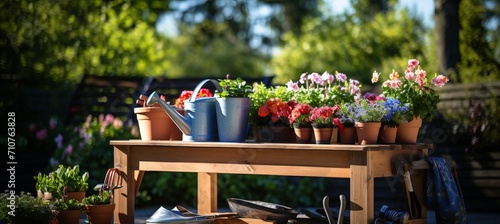 Gardening tools and flowerpots in a sunny garden essential set for gardening enthusiasts