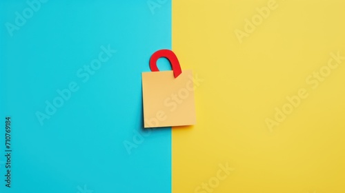 a piece of paper with a red handle on a blue and yellow background with a red handle on a yellow and blue background.