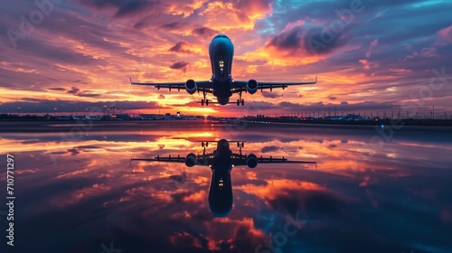 Airplane Takes Off in the Reflection of the Airport Against Sunrise