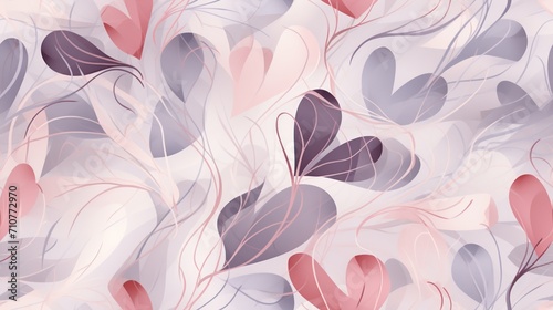  a bunch of pink and grey hearts on a pink and grey background with pink and grey leaves on the left side of the image.