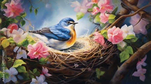  a painting of a blue bird sitting on top of a nest in a tree filled with pink and white flowers.