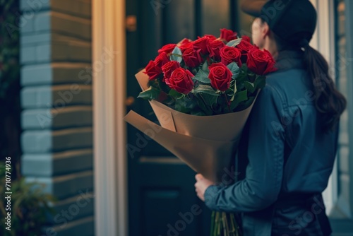 Doorstep Delivery. A delivery person, dressed in uniform, standing at the doorstep holding a beautiful bouquet of red roses