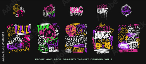 Graffiti t shirt designs set, Streetwear graphic for clothing design. Graffiti poster vector illustration, Urban t-shirt design for print