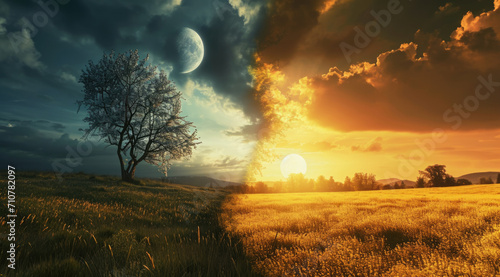 Concept of spring equinox. Day and night, sun and moon meeting together on the split landscape