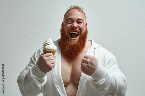 A chubby bodybuilder with massive arms, smiling with a ice cream, white background.
