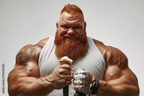 A chubby bodybuilder with massive arms, smiling with a ice cream, white background.
