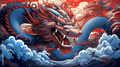 Beautiful and detailed Japanese dragon illustration - Generative AI