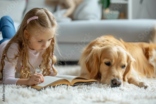 little sisters reading books with golden retriever dog near by at home