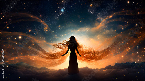 Woman's silhouette within the cosmic expanse, surrounded by the outer space of galaxies and the effulgent energy stream. Symbolizes the concept of feminine vitality