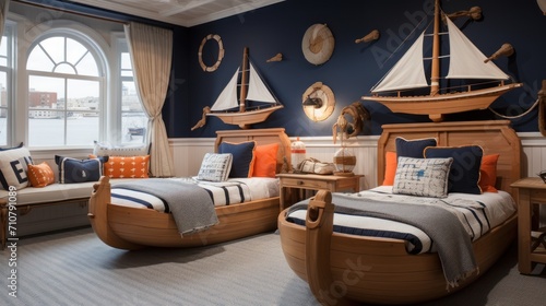  a room with two beds, a couch, and a window with sailboats on the wall and on the windowsill.